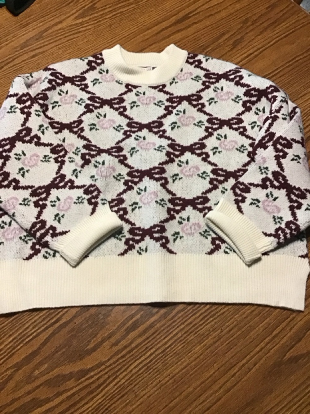 Sincerely Jules Ivory Crewneck Sweater with Burgundy Lattice & Pale Pink Roses